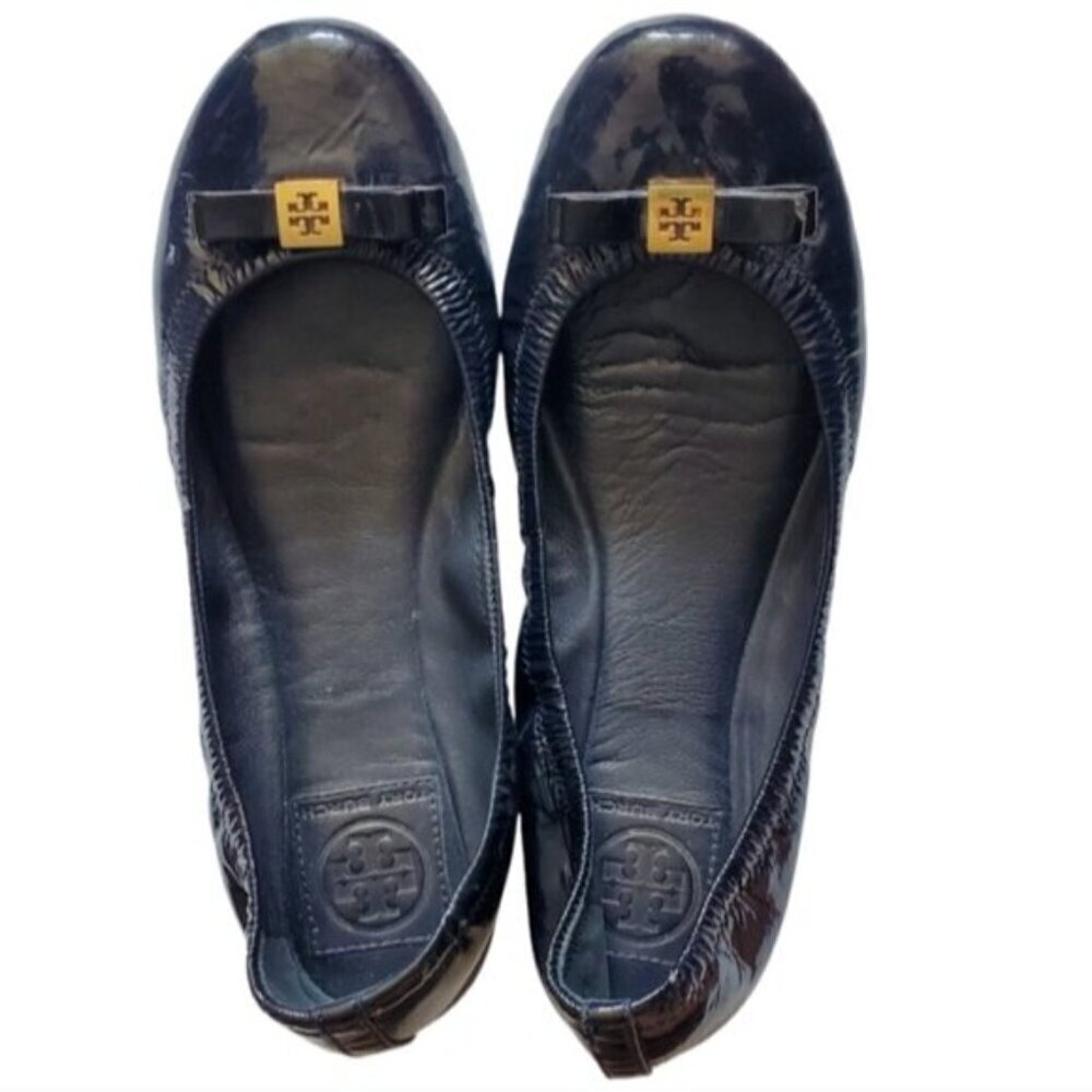 Tory Burch Eddie Ballet Bow Blue Patent Leather Flats Size 8